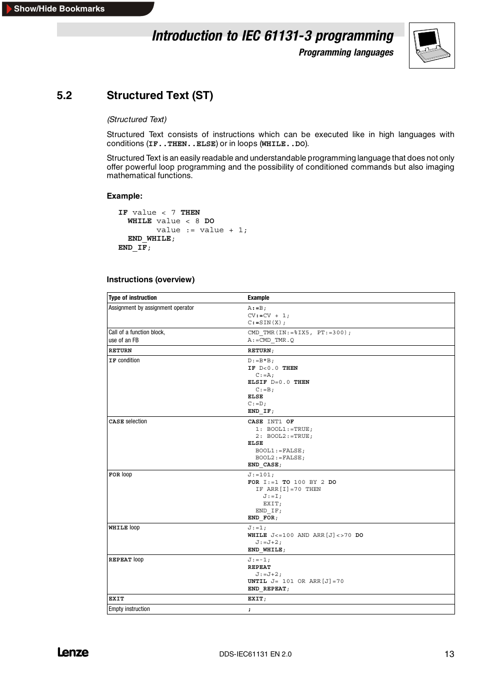 2 structured text (st), Programming languages | Lenze DDS v2.0 User Manual | Page 15 / 26