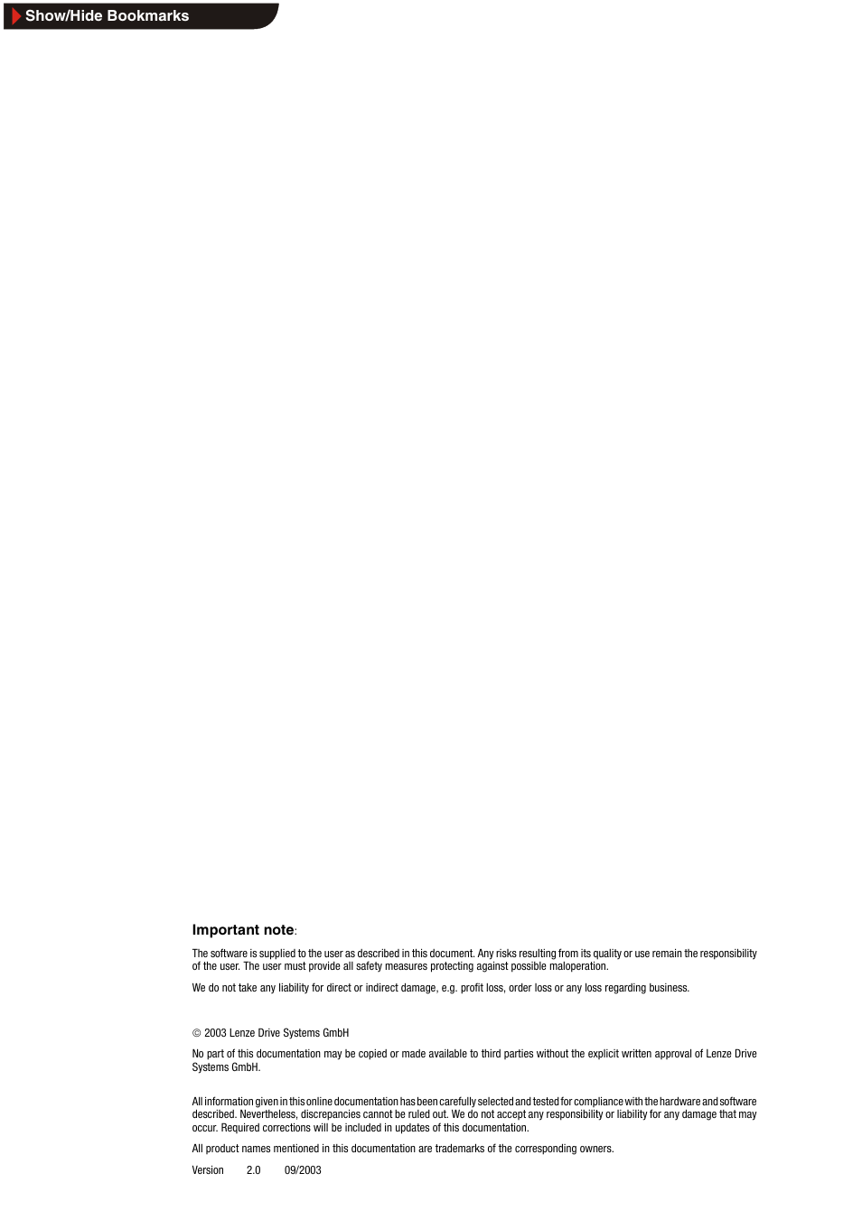 Show/hide bookmarks | Lenze DDS v2.0 User Manual | Page 2 / 26