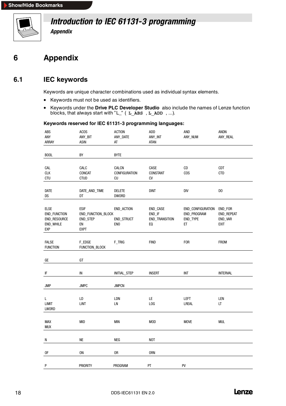 6 appendix, 1 iec keywords, 6appendix | Appendix | Lenze DDS v2.0 User Manual | Page 20 / 26