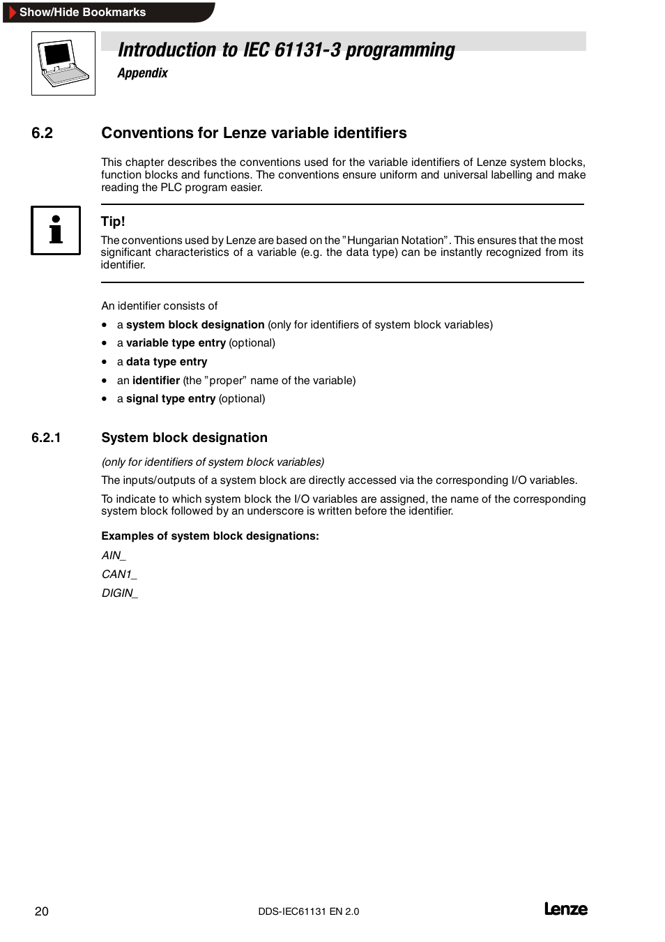 2 conventions for lenze variable identifiers, 1 system block designation, System block designation | Lenze DDS v2.0 User Manual | Page 22 / 26