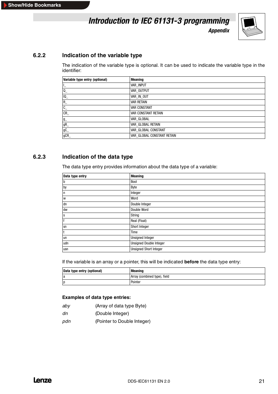 2 indication of the variable type, 3 indication of the data type, Indication of the variable type | Indication of the data type, Appendix | Lenze DDS v2.0 User Manual | Page 23 / 26