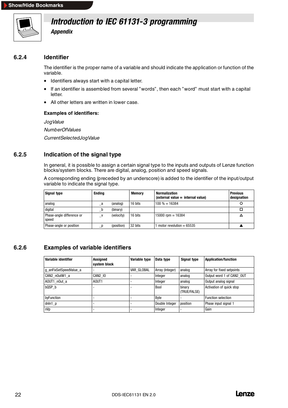 4 identifier, 5 indication of the signal type, 6 examples of variable identifiers | Identifier, Indication of the signal type, Examples of variable identifiers, Appendix | Lenze DDS v2.0 User Manual | Page 24 / 26