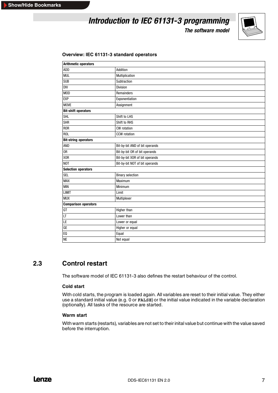 3 control restart, The software model | Lenze DDS v2.0 User Manual | Page 9 / 26