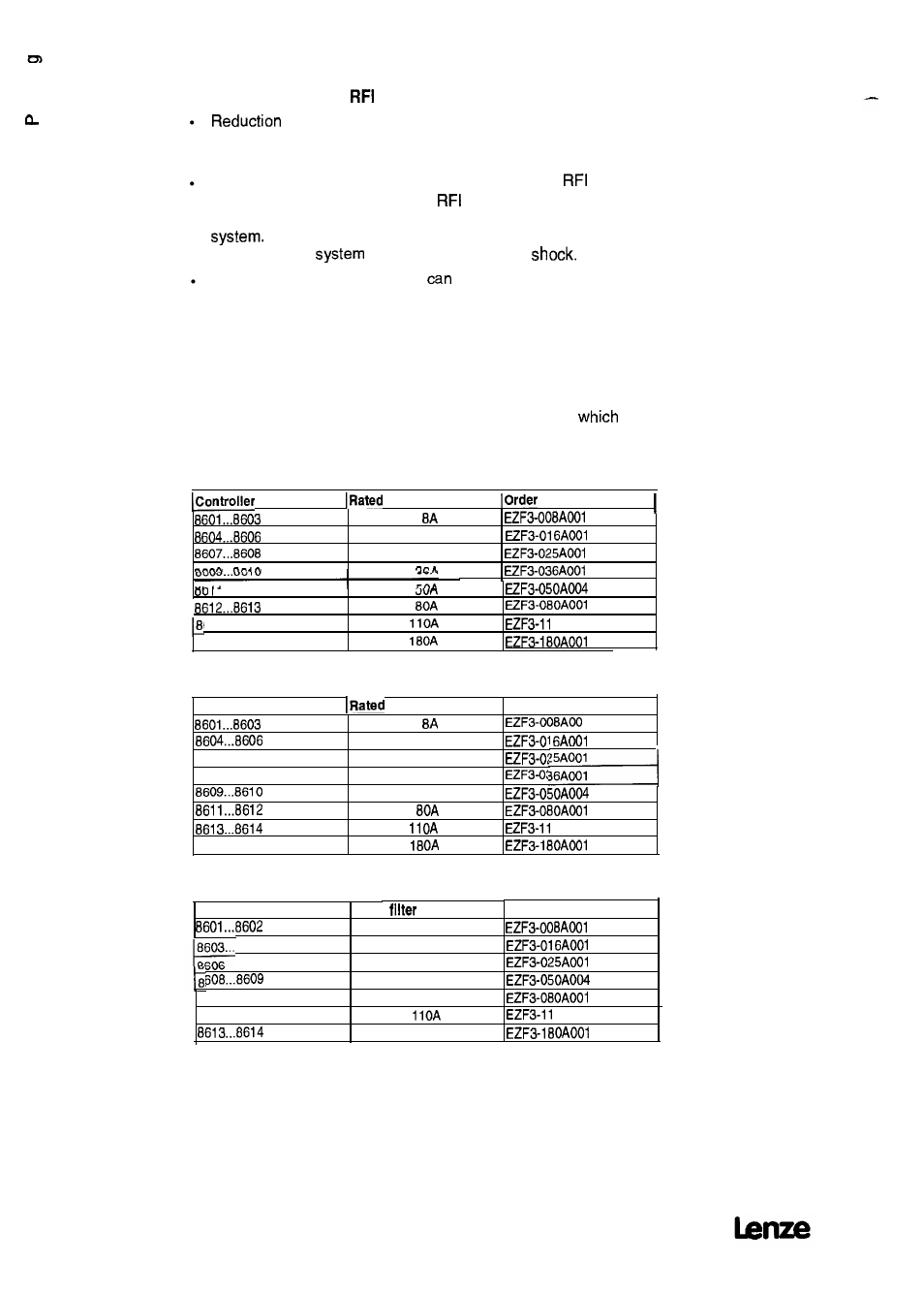 6 rfi filters, 1 ratings of rfi filters | Lenze 8615E User Manual | Page 52 / 158
