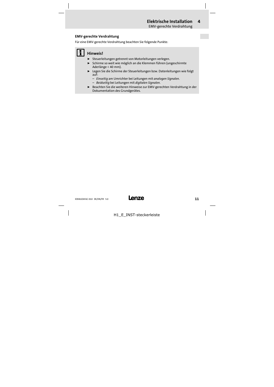 4 elektrische installation, Emv-gerechte verdrahtung, Elektrische installation | Emv−gerechte verdrahtung | Lenze E82ZAFAC010 User Manual | Page 11 / 66