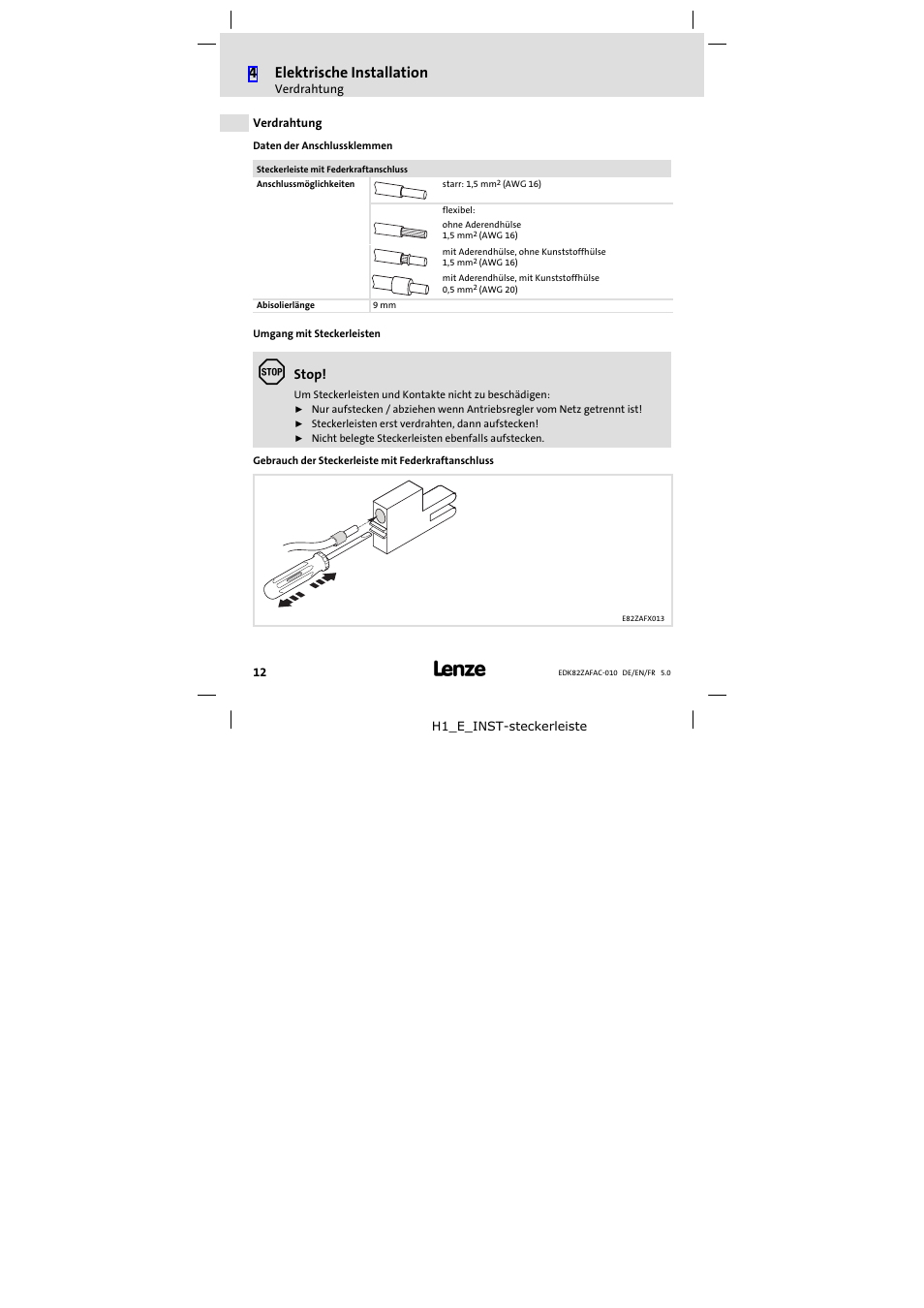 Verdrahtung, 4elektrische installation | Lenze E82ZAFAC010 User Manual | Page 12 / 66