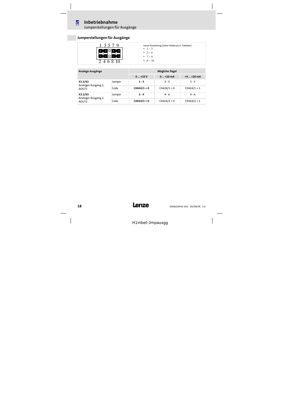 Jumperstellungen für ausgänge, 5inbetriebnahme | Lenze E82ZAFAC010 User Manual | Page 18 / 66