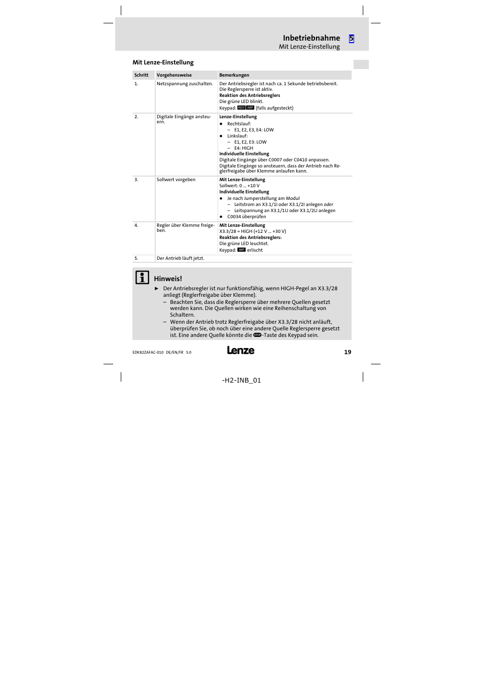 Mit lenze-einstellung, Mit lenze−einstellung, Inbetriebnahme | Lenze E82ZAFAC010 User Manual | Page 19 / 66