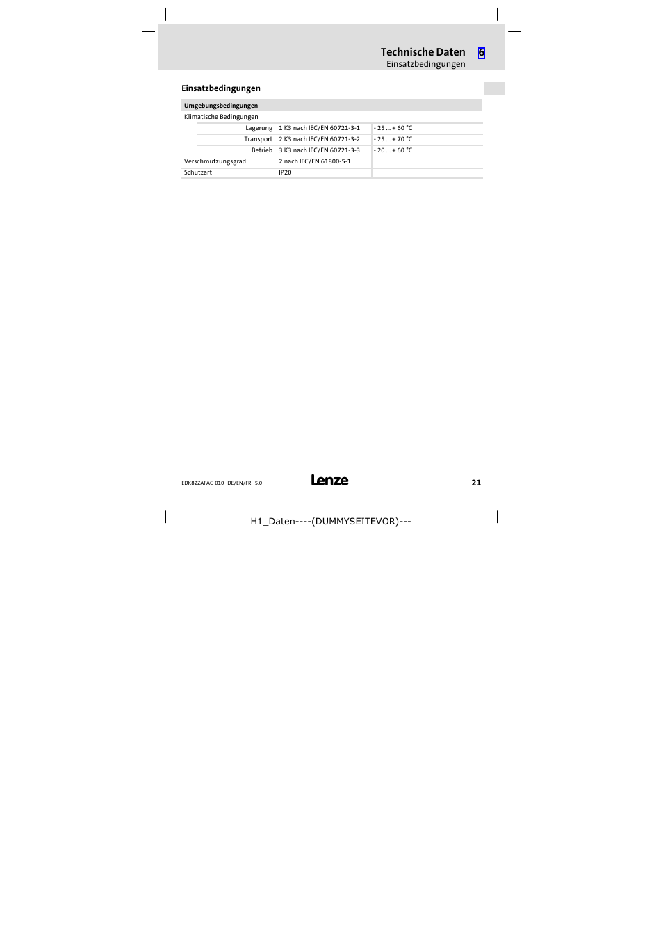 Einsatzbedingungen, Technische daten | Lenze E82ZAFAC010 User Manual | Page 21 / 66