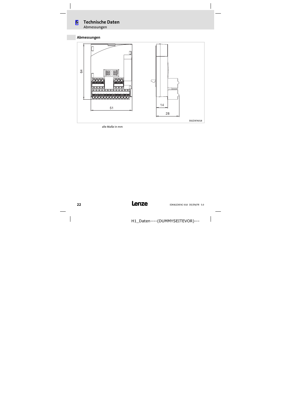 Abmessungen | Lenze E82ZAFAC010 User Manual | Page 22 / 66