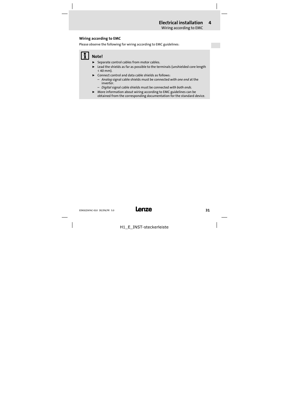 4 electrical installation, Wiring according to emc, Electrical installation | Lenze E82ZAFAC010 User Manual | Page 31 / 66