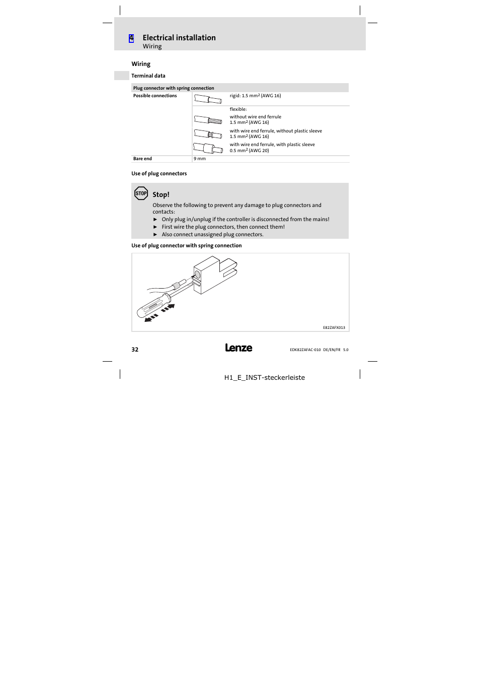 Wiring, 4electrical installation | Lenze E82ZAFAC010 User Manual | Page 32 / 66