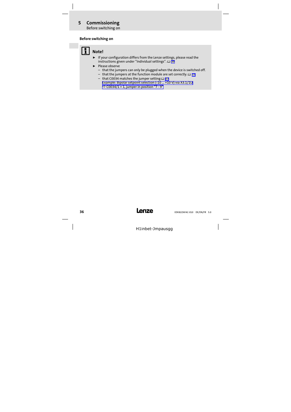 5 commissioning, Before switching on, Commissioning 36 | Lenze E82ZAFAC010 User Manual | Page 36 / 66