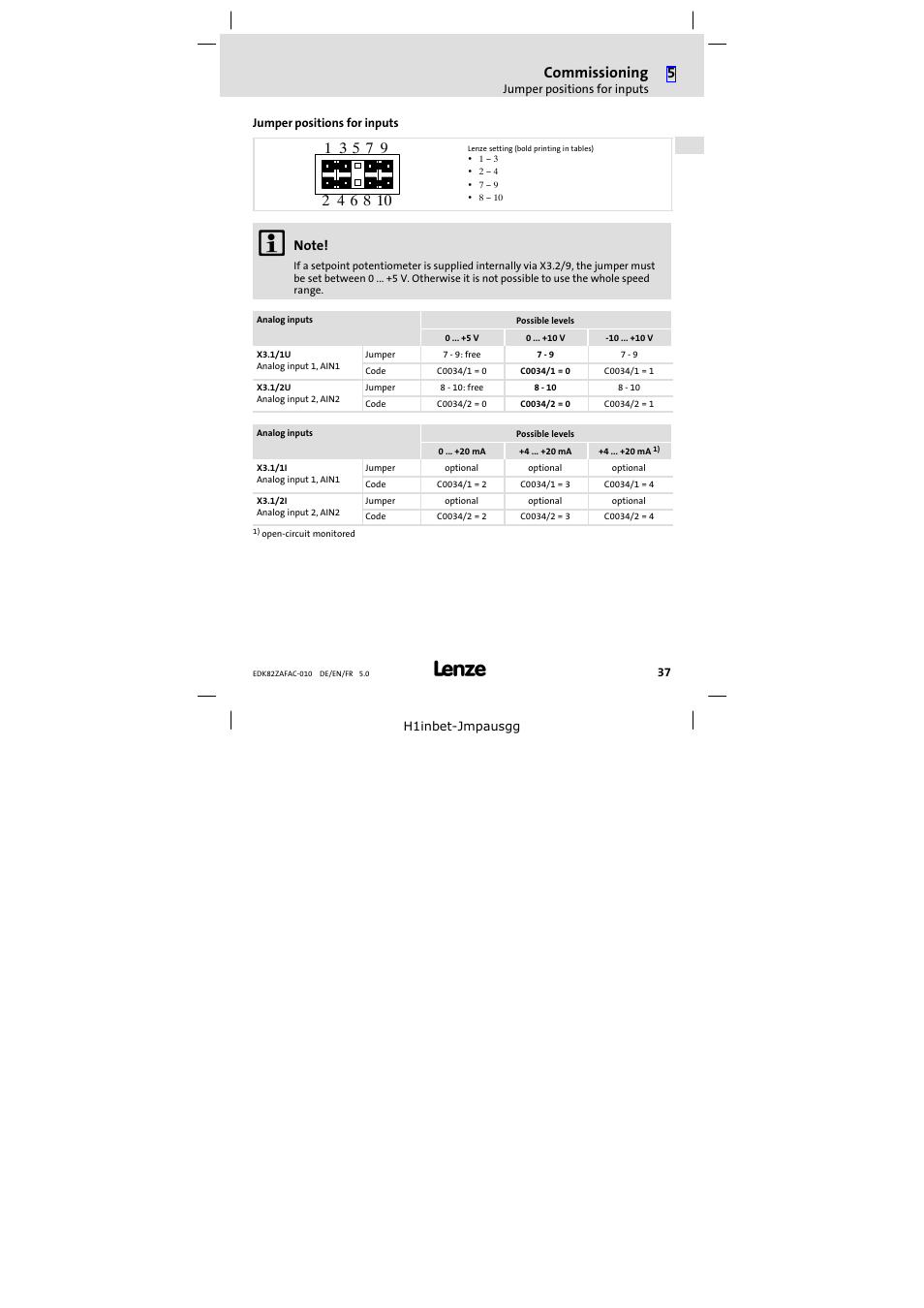 Jumper positions for inputs, C0034/1 = 1, jumper in position "7 − 9, Commissioning | Lenze E82ZAFAC010 User Manual | Page 37 / 66