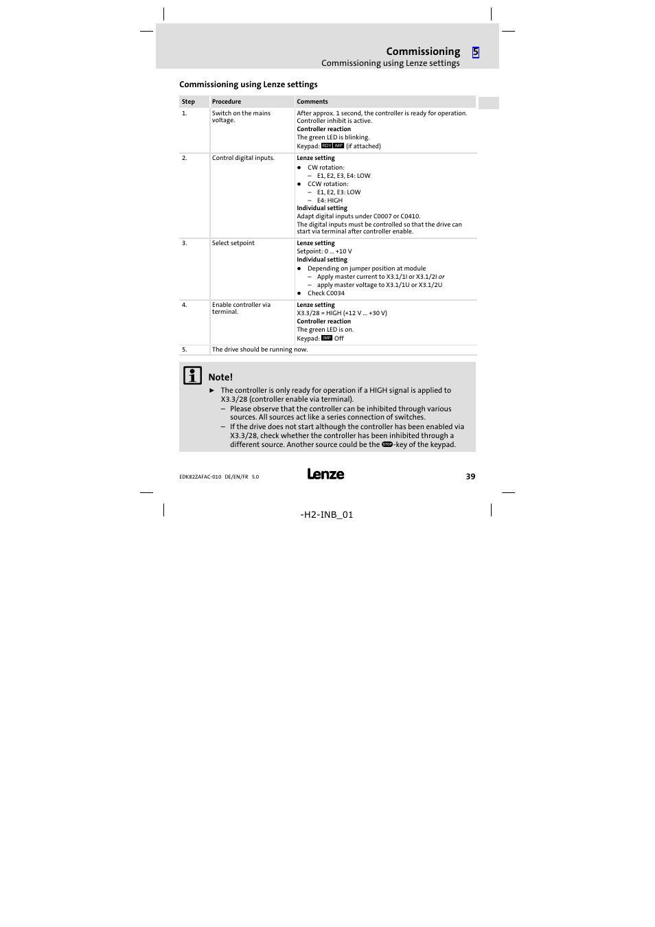 Commissioning using lenze settings, Commissioning | Lenze E82ZAFAC010 User Manual | Page 39 / 66