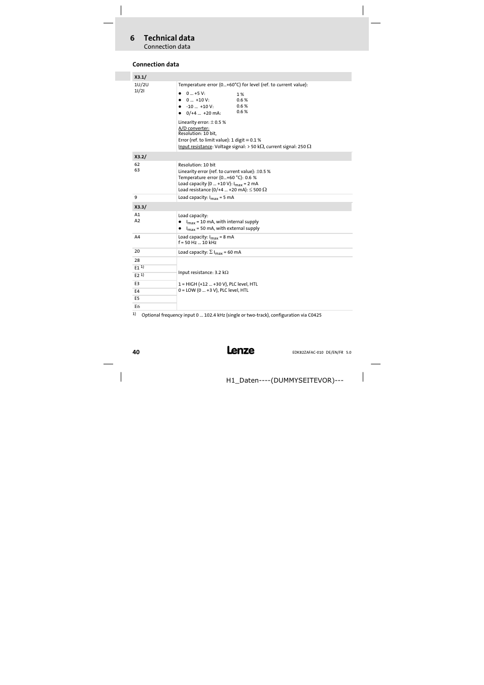 6 technical data, Connection data, Technical data | 6technical data | Lenze E82ZAFAC010 User Manual | Page 40 / 66