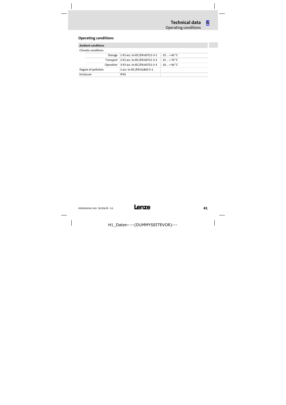 Operating conditions, Technical data | Lenze E82ZAFAC010 User Manual | Page 41 / 66