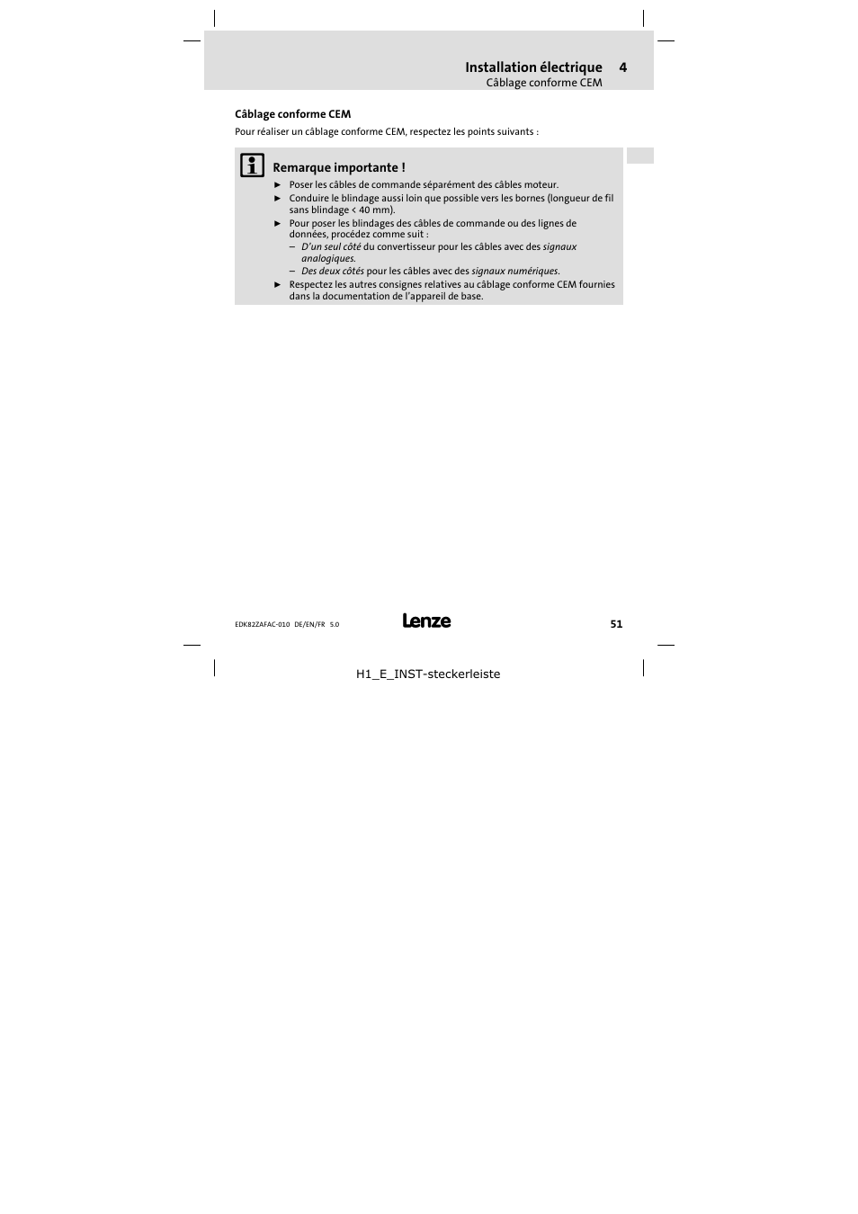 4 installation électrique, Câblage conforme cem, Installation électrique | Lenze E82ZAFAC010 User Manual | Page 51 / 66