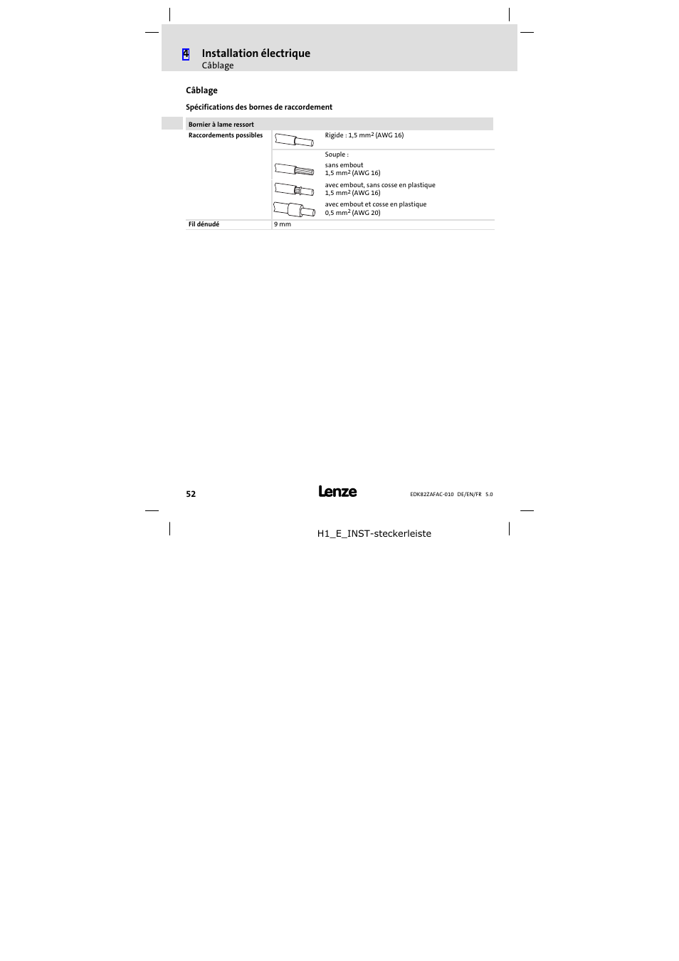 Câblage, 4installation électrique | Lenze E82ZAFAC010 User Manual | Page 52 / 66