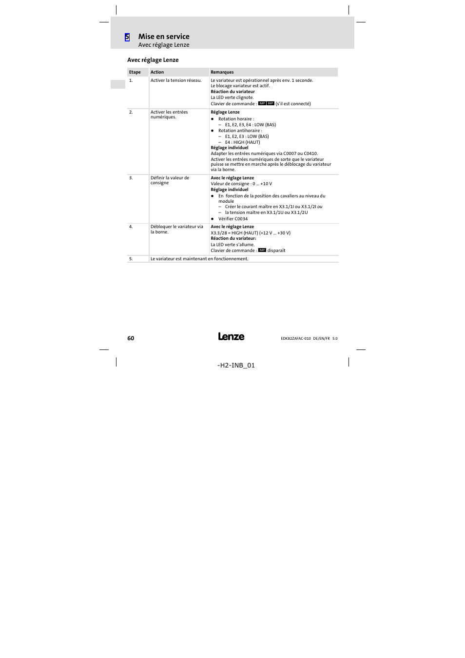 Avec réglage lenze, 5mise en service | Lenze E82ZAFAC010 User Manual | Page 60 / 66