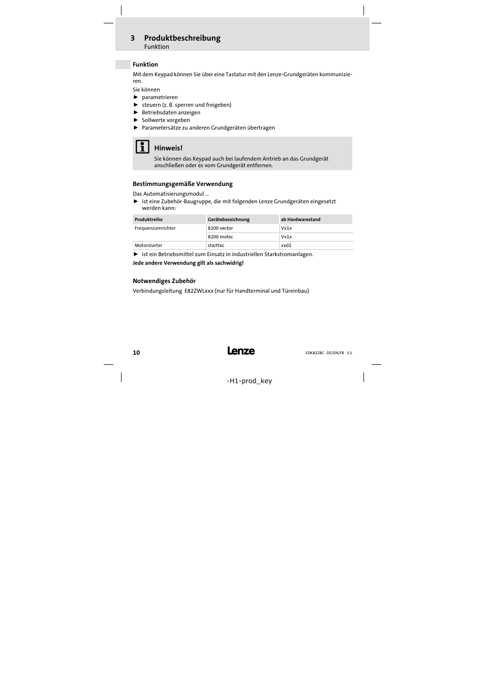 3 produktbeschreibung, Funktion, Bestimmungsgemäße verwendung | Notwendiges zubehör, Produktbeschreibung | Lenze E82ZBC User Manual | Page 10 / 102