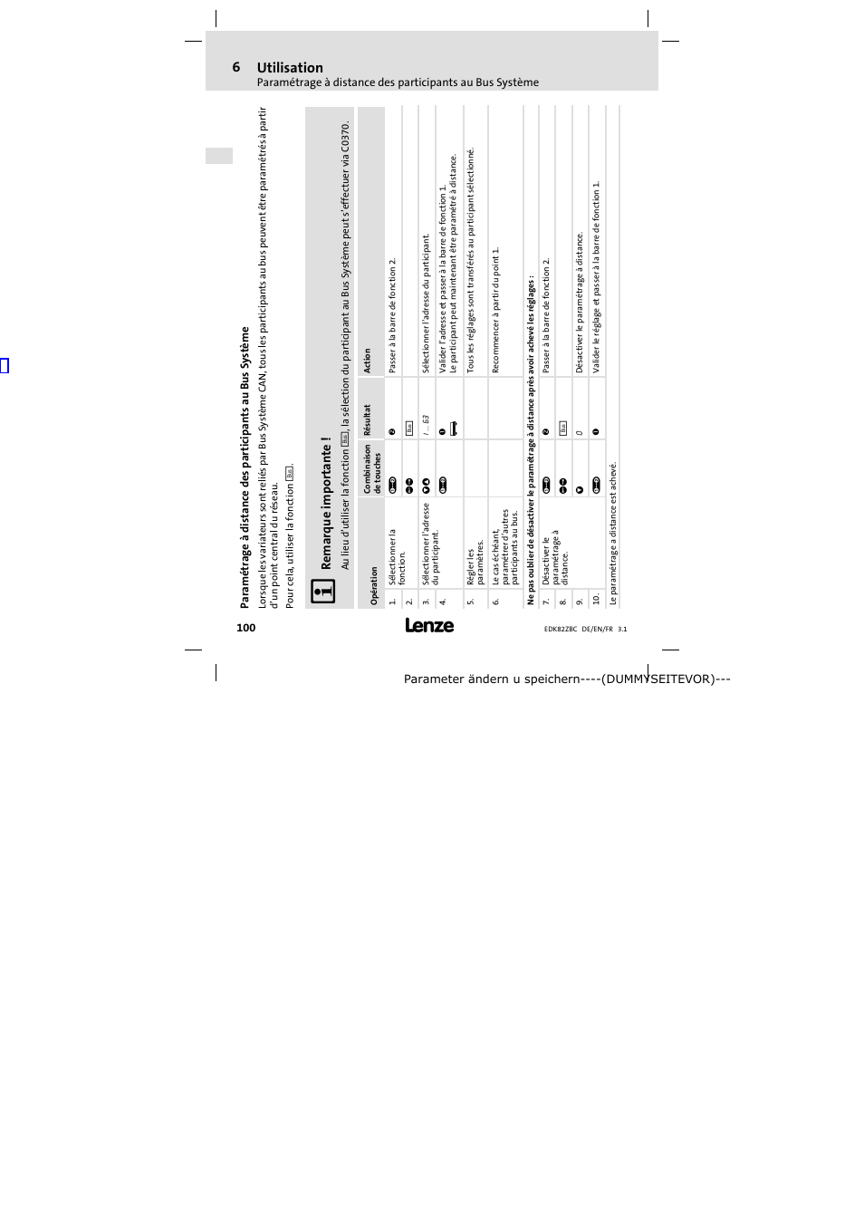 Paramétrage à distance des participants au bus, 6 utilisation, Remarque importante | Lenze E82ZBC User Manual | Page 100 / 102