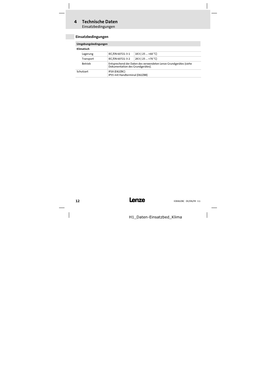 4 technische daten, Einsatzbedingungen, Technische daten | Lenze E82ZBC User Manual | Page 12 / 102