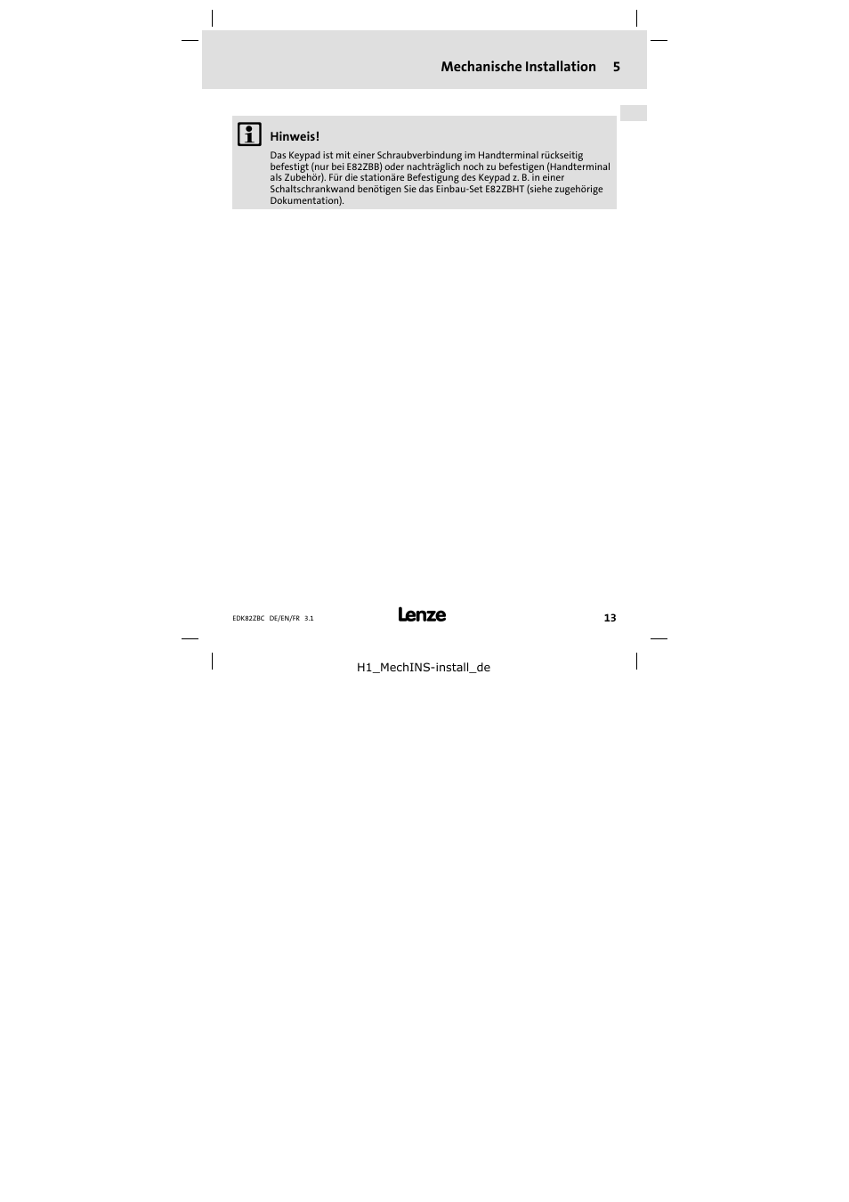 5 mechanische installation, Mechanische installation, Mechanische installation 5 | Lenze E82ZBC User Manual | Page 13 / 102
