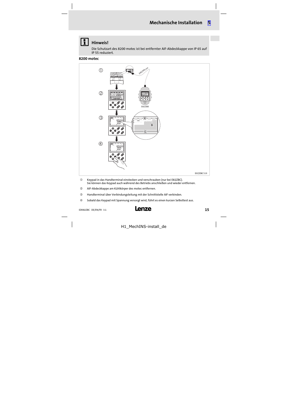 8200 motec, Mechanische installation 5, Hinweis | H1_mechins-install_de | Lenze E82ZBC User Manual | Page 15 / 102
