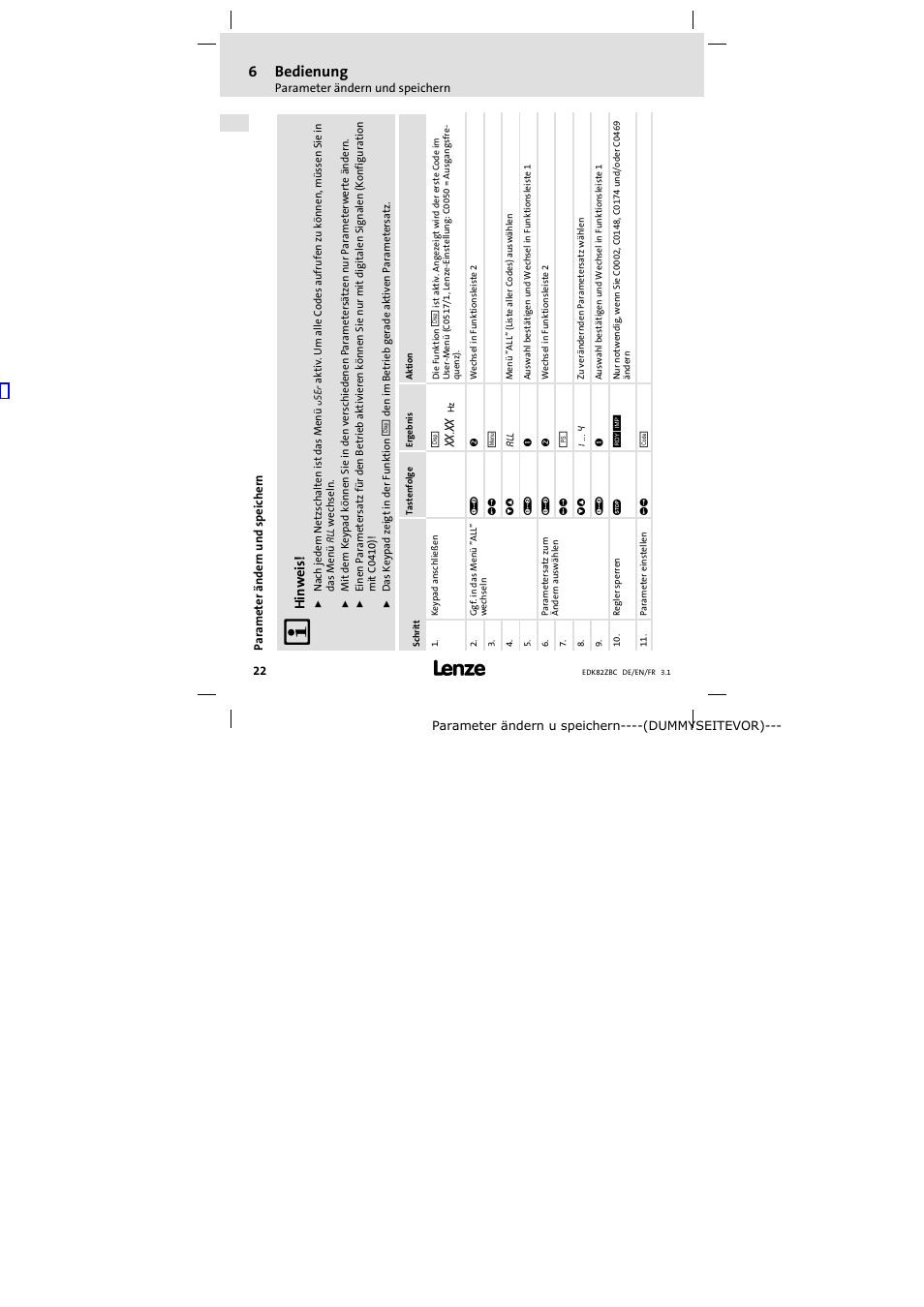 Parameter ändern und speichern, 6 bedienung, Hinweis | Xx.xx | Lenze E82ZBC User Manual | Page 22 / 102