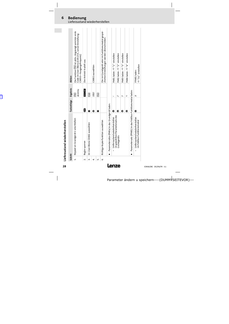 Lieferzustand wiederherstellen, 6 bedienung | Lenze E82ZBC User Manual | Page 28 / 102