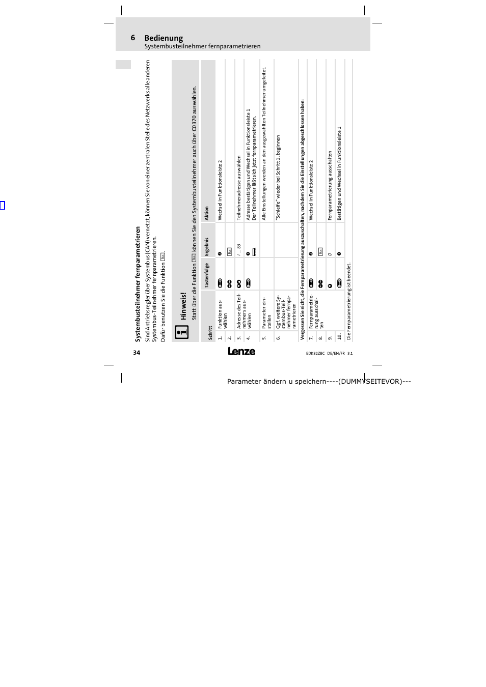 Systembusteilnehmer fernparametrieren, 6 bedienung, Hinweis | Lenze E82ZBC User Manual | Page 34 / 102