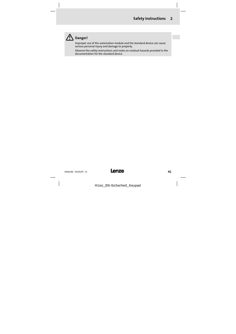 2 safety instructions, Safety instructions, Safety instructions 2 | Lenze E82ZBC User Manual | Page 41 / 102