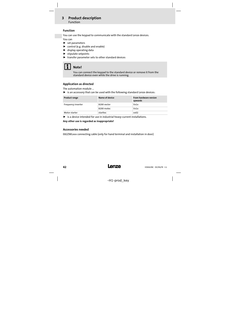 3 product description, Function, Application as directed | Accessories needed, Product description | Lenze E82ZBC User Manual | Page 42 / 102