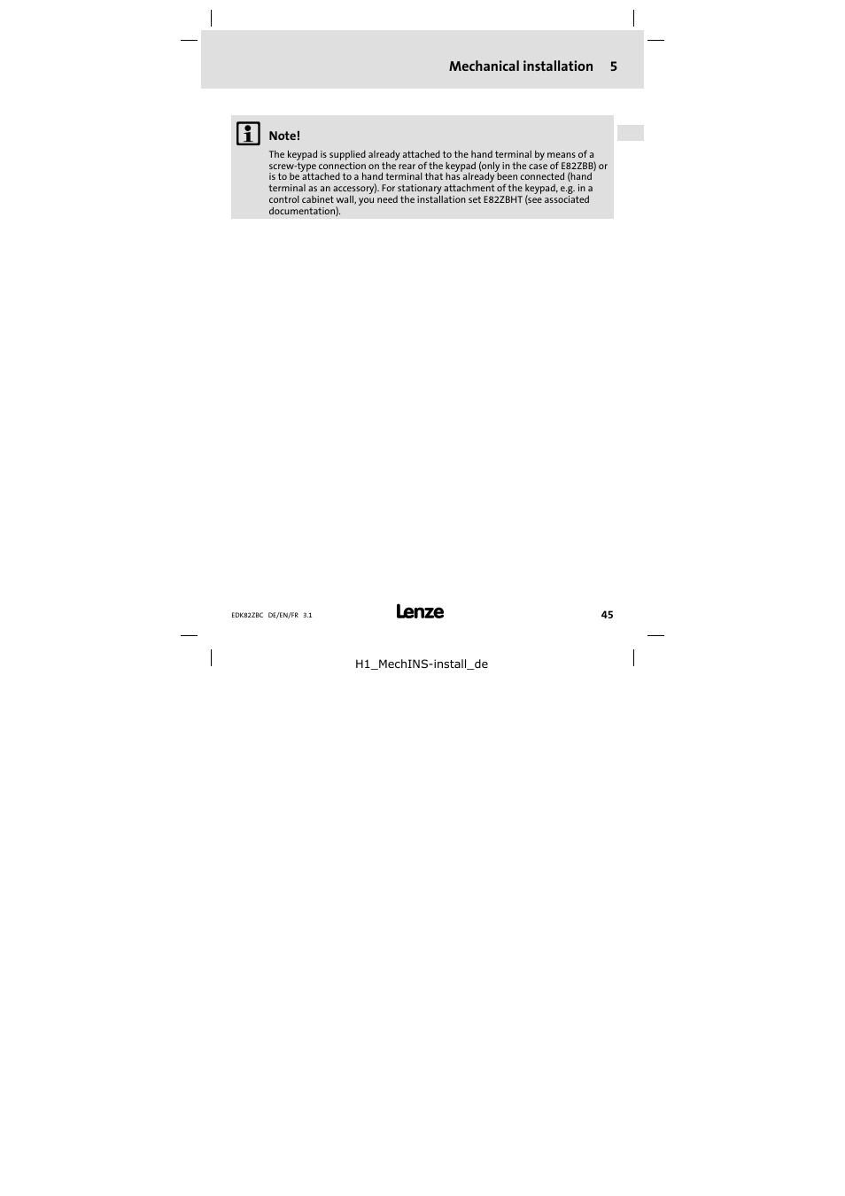 5 mechanical installation, Mechanical installation, Mechanical installation 5 | Lenze E82ZBC User Manual | Page 45 / 102