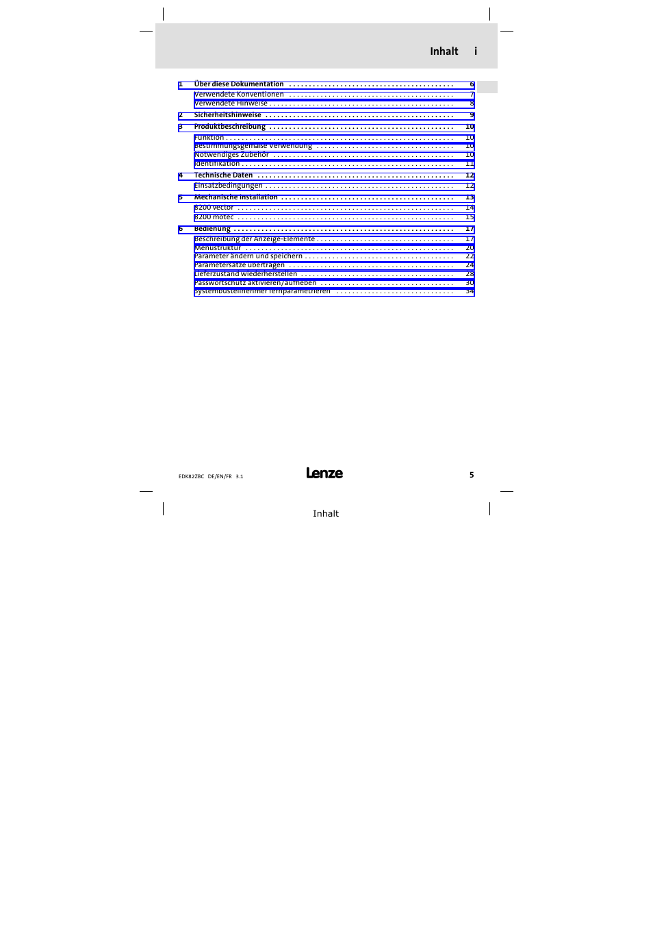 Inhalt, Inhalt i | Lenze E82ZBC User Manual | Page 5 / 102