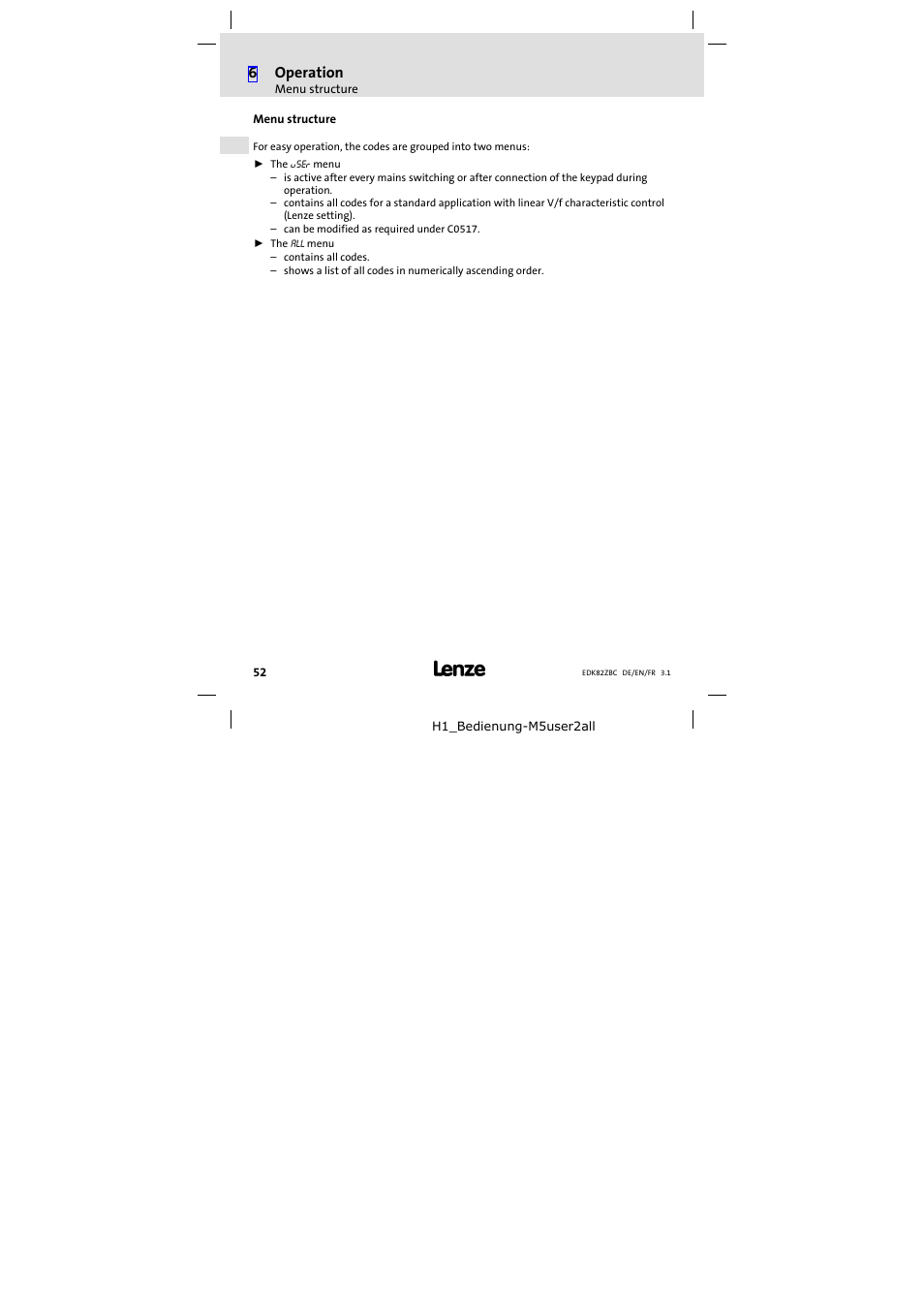 Menu structure, 6 operation | Lenze E82ZBC User Manual | Page 52 / 102