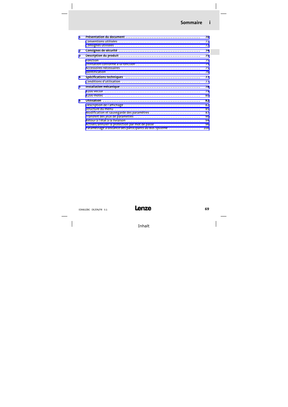 Sommaire, Sommaire i | Lenze E82ZBC User Manual | Page 69 / 102