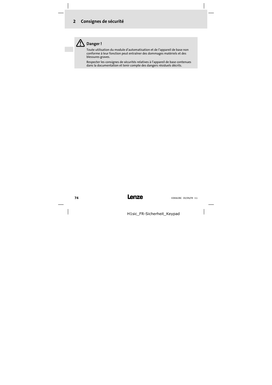 2 consignes de sécurité, Consignes de sécurité | Lenze E82ZBC User Manual | Page 74 / 102