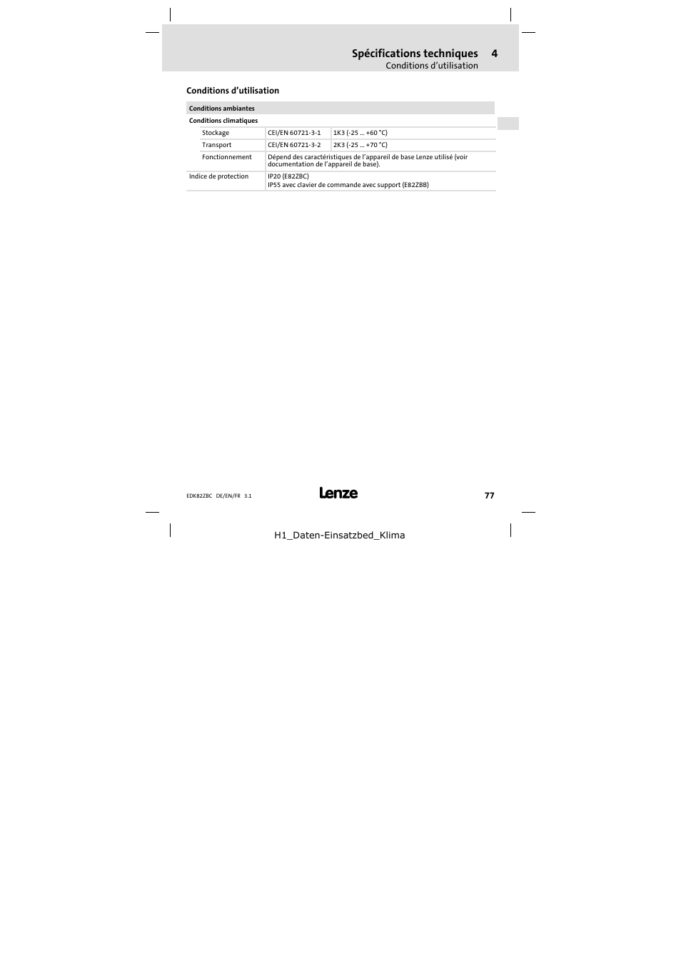 4 spécifications techniques, Conditions d'utilisation, Spécifications techniques | Conditions d’utilisation | Lenze E82ZBC User Manual | Page 77 / 102