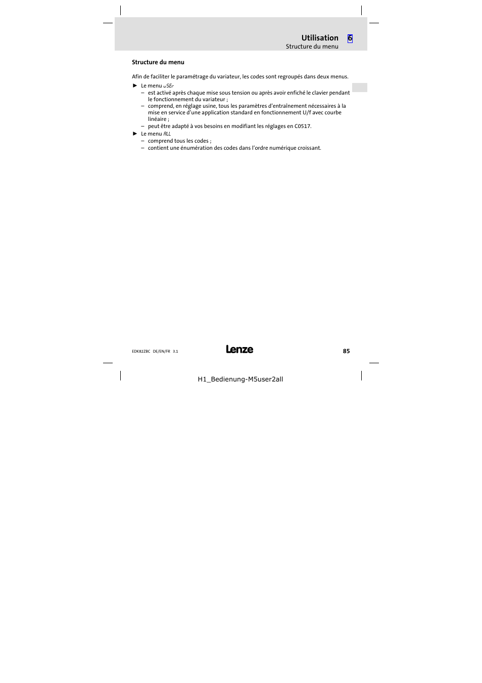 Structure du menu, Utilisation | Lenze E82ZBC User Manual | Page 85 / 102