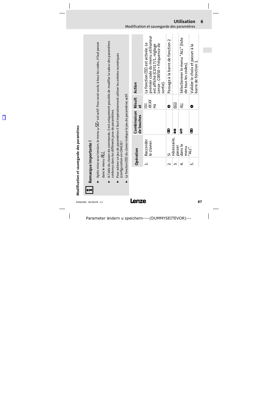 Modification et sauvegarde des paramètres, User, Utilisation | Lenze E82ZBC User Manual | Page 87 / 102