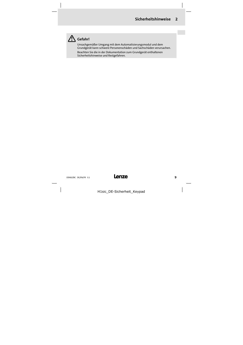 2 sicherheitshinweise, Sicherheitshinweise, Sicherheitshinweise 2 | Lenze E82ZBC User Manual | Page 9 / 102