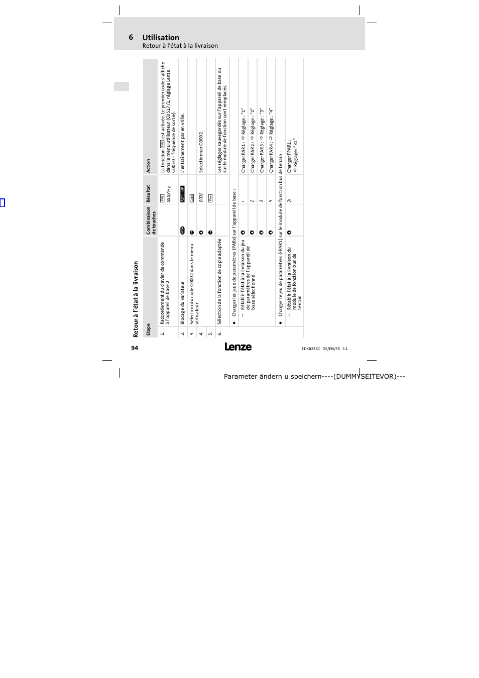 Rétablissement de l'état à la livraison, Retour à l’état à la livraison, 6 utilisation | Lenze E82ZBC User Manual | Page 94 / 102