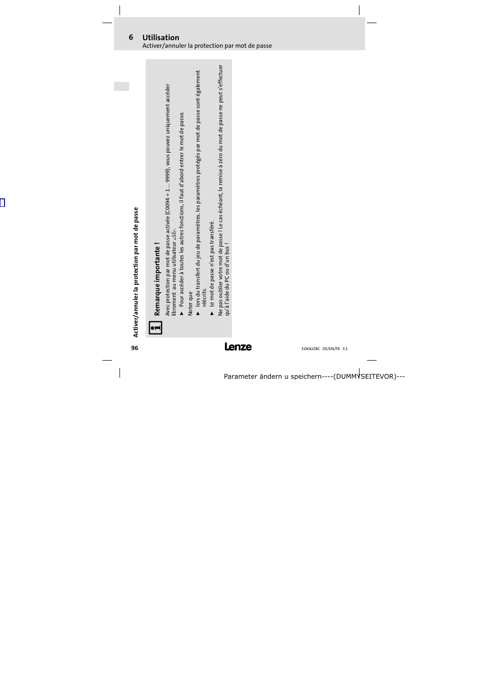 Activer/annuler la protection par mot de passe, 6 utilisation | Lenze E82ZBC User Manual | Page 96 / 102