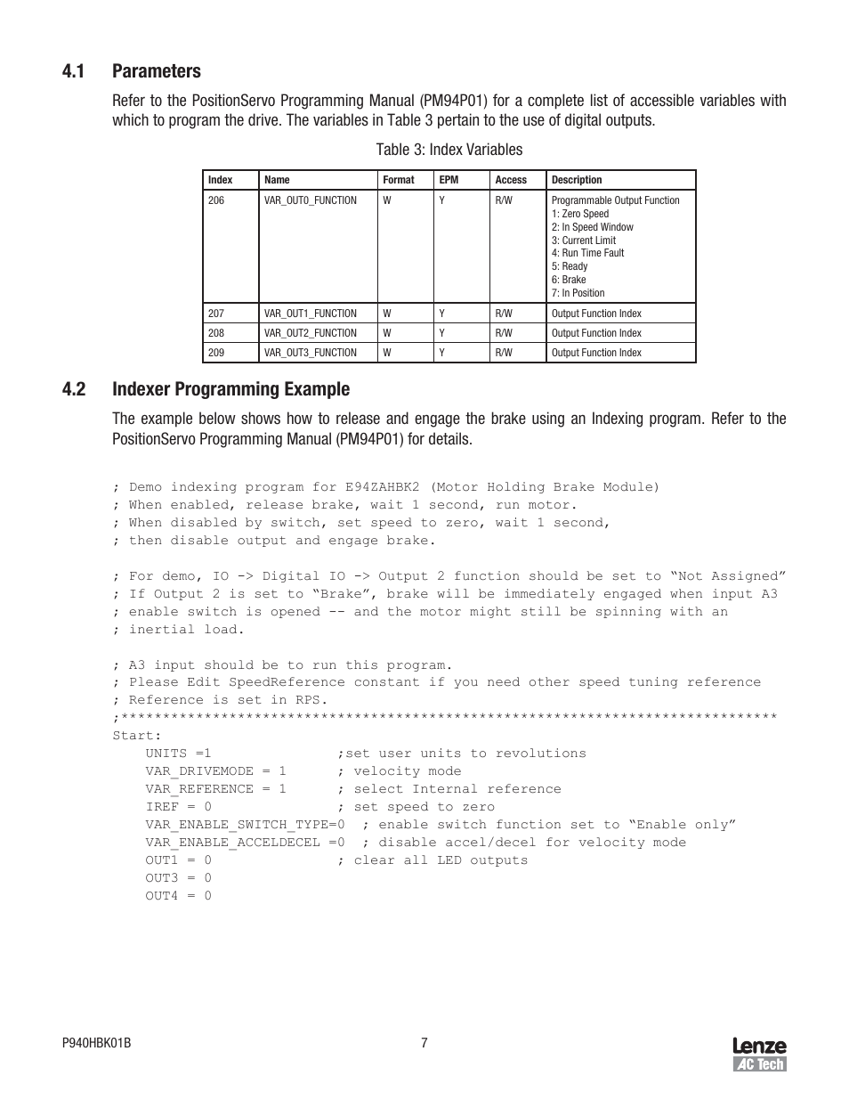 1 parameters, 2 indexer programming example | Lenze E94P v2.0 User Manual | Page 7 / 9
