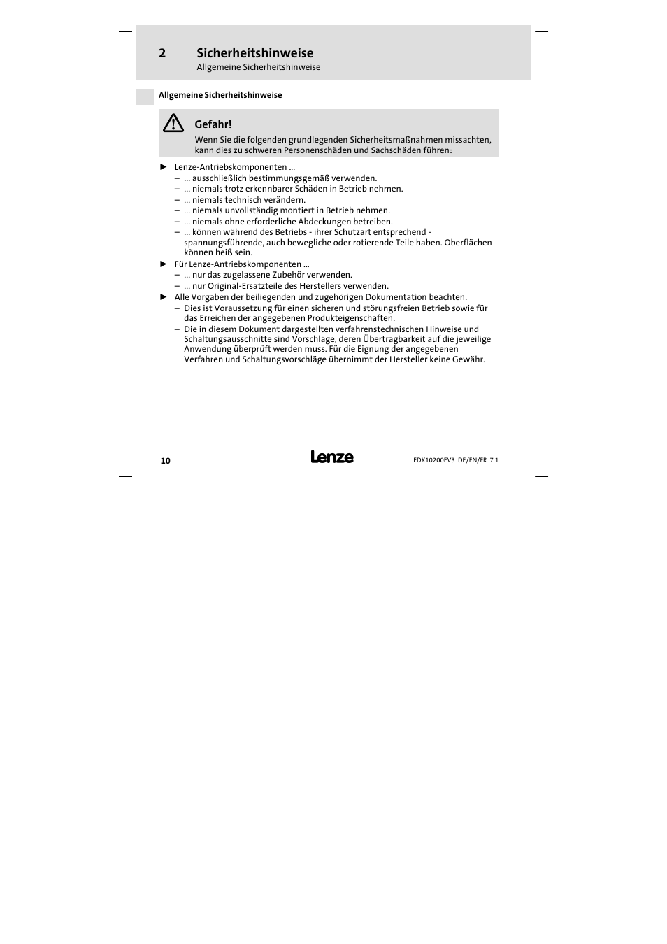 2 sicherheitshinweise, Allgemeine sicherheitshinweise, Sicherheitshinweise | Lenze EPL1020x−EI User Manual | Page 10 / 110