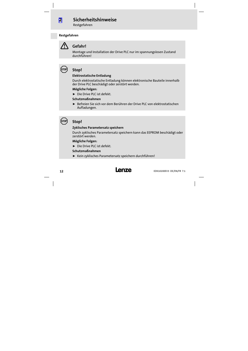 Restgefahren, Sicherheitshinweise | Lenze EPL1020x−EI User Manual | Page 12 / 110