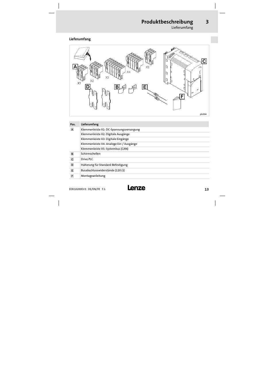 3 produktbeschreibung, Lieferumfang, Produktbeschreibung | Lenze EPL1020x−EI User Manual | Page 13 / 110