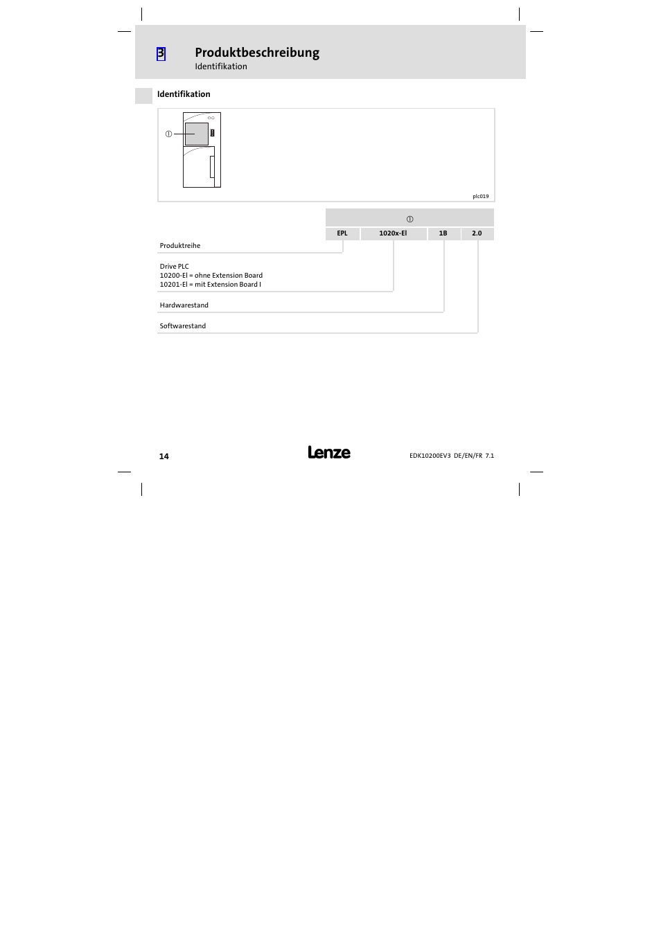 Identifikation, Produktbeschreibung | Lenze EPL1020x−EI User Manual | Page 14 / 110